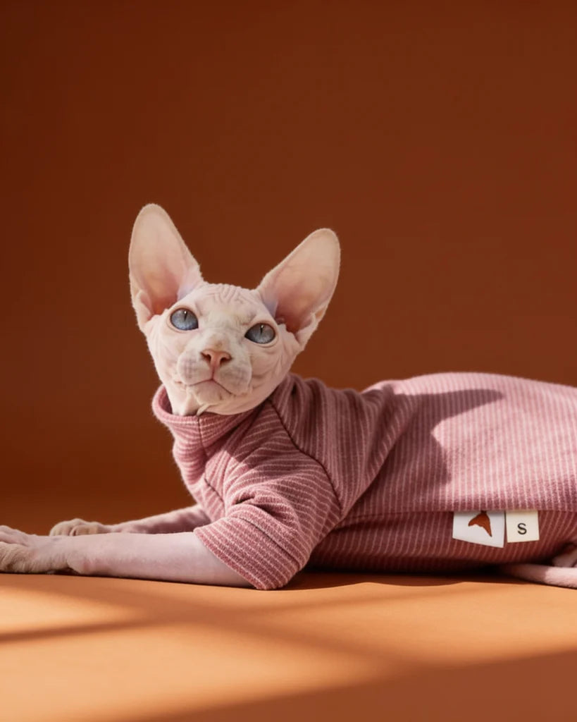 Sphynx cat wearing a striped warm onesie for fall and winter