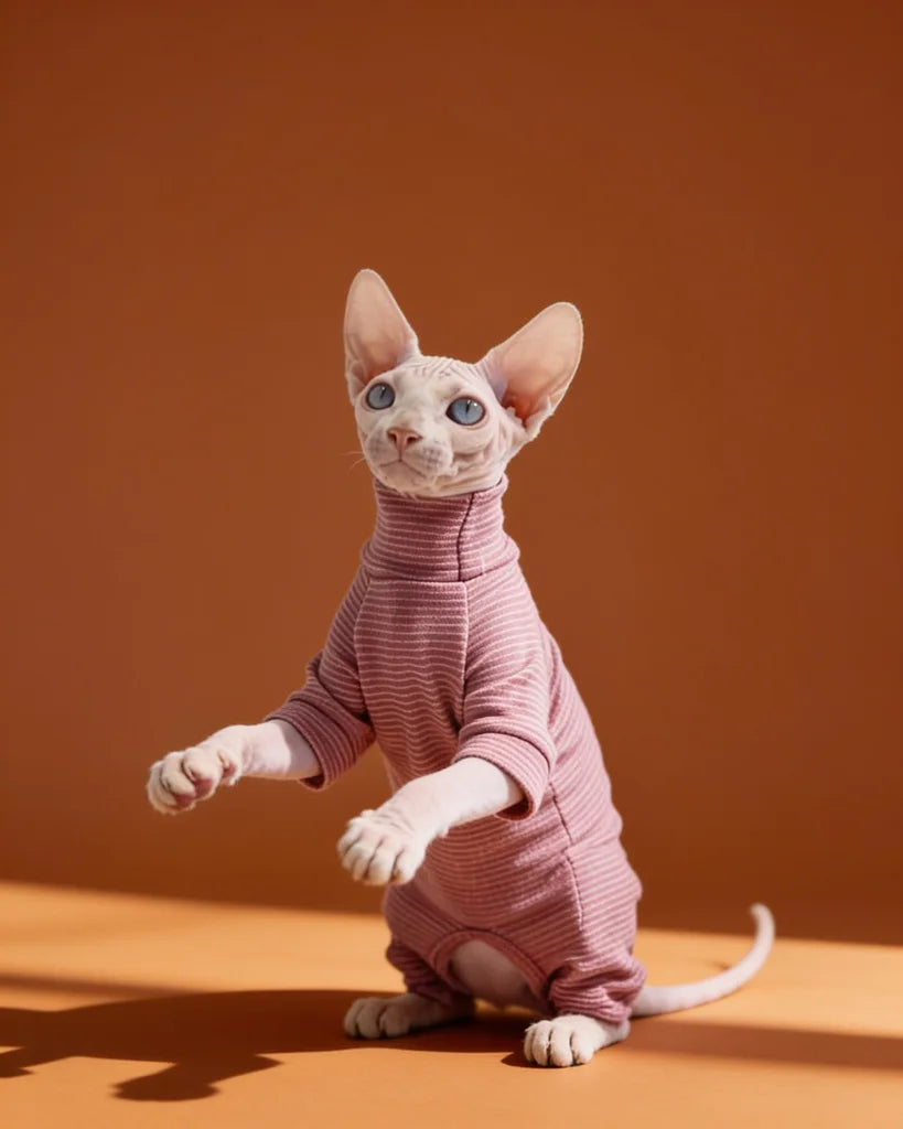 Sphynx cat wearing a striped warm onesie for fall and winter