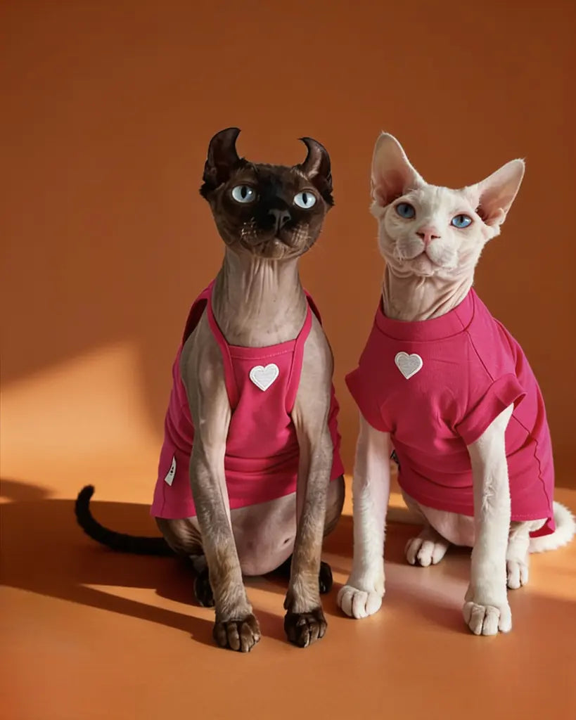 Two hairless cats wearing bright pink tank-style shirts with small white heart graphics.