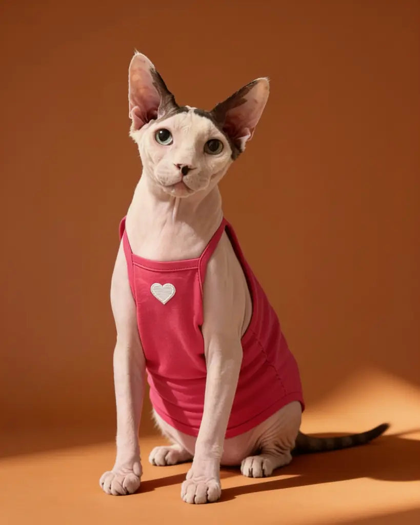 A hairless Sphynx cat wearing a bright pink pet camisole with a white heart on the chest.
