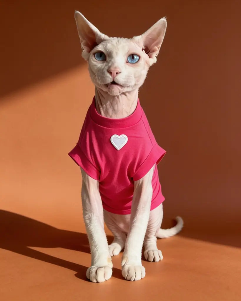 A hairless Sphynx cat wearing a bright pink pet t-shirt with a white heart on the chest.