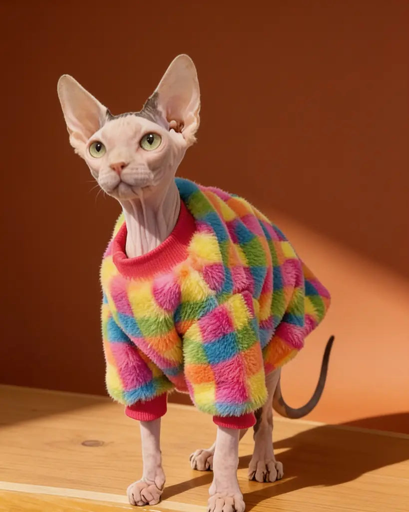 A hairless cat wearing a fuzzy rainbow check sweater.