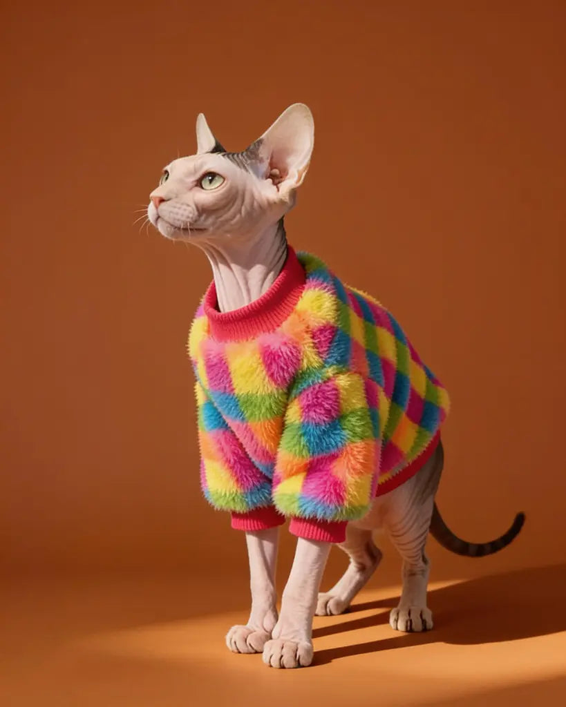 A hairless cat wearing a fuzzy, brightly patterned pet sweater in rainbow colors with red trim.