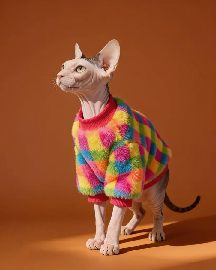 A hairless cat wearing a fuzzy, brightly patterned pet sweater in rainbow colors with red trim.