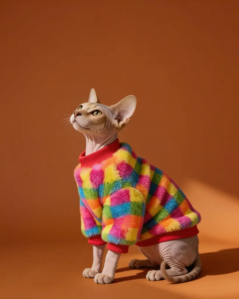 A hairless cat wearing a fuzzy, brightly patterned pet sweater in rainbow colors with red trim.