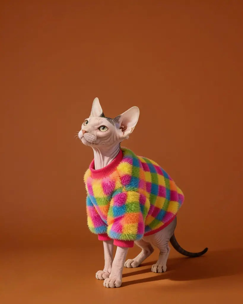 A hairless cat wearing a fuzzy multicolor plaid sweater.