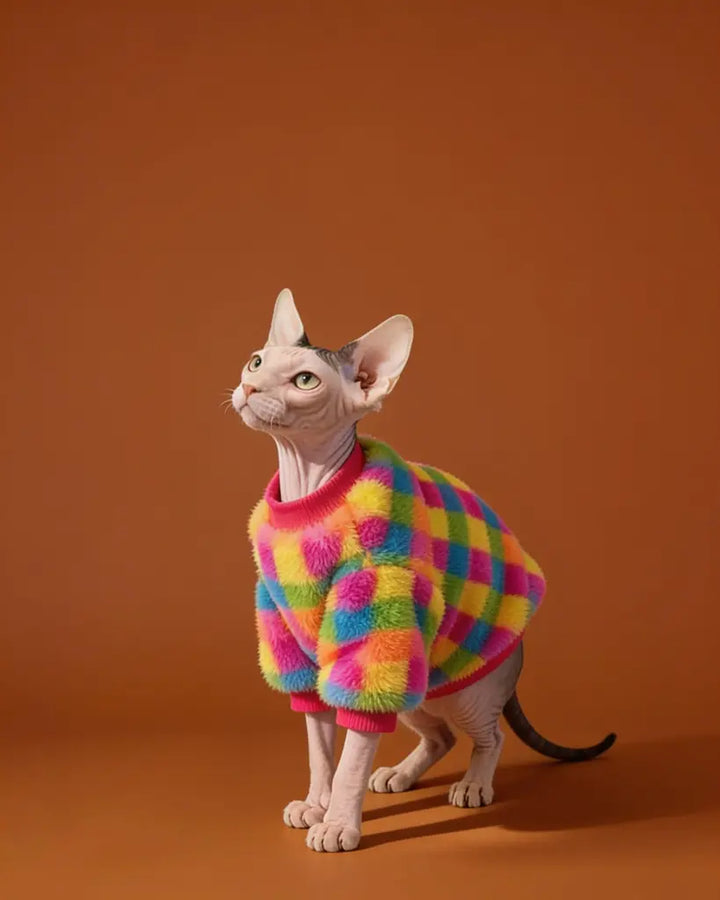 A hairless cat wearing a fuzzy multicolor plaid sweater.