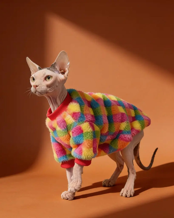 A hairless cat wearing a fuzzy multicolor checkered sweater.