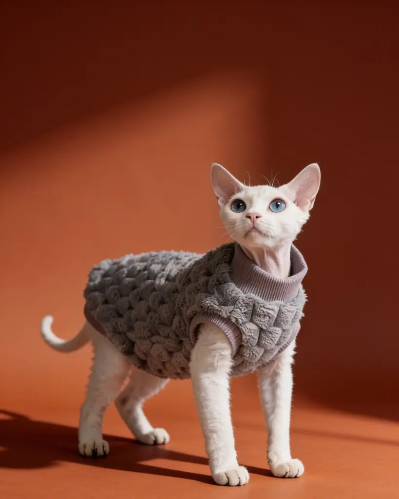 A white hairless cat wearing a gray textured sweater.