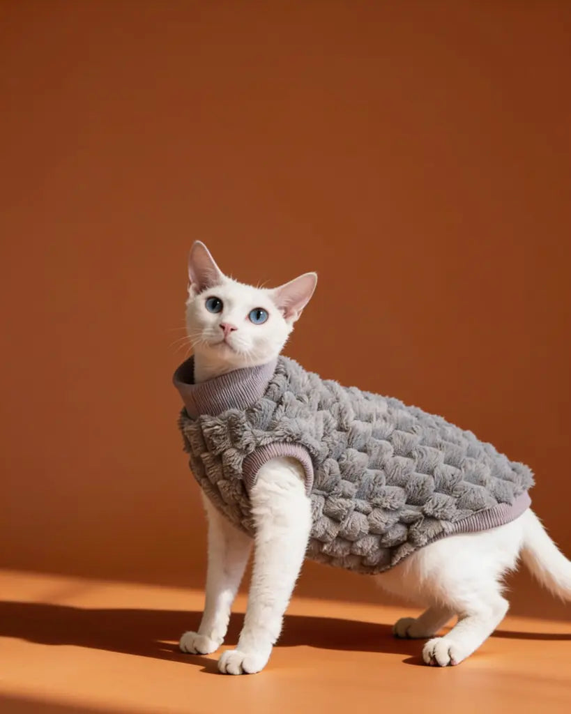 A white cat wearing a gray textured pet sweater.
