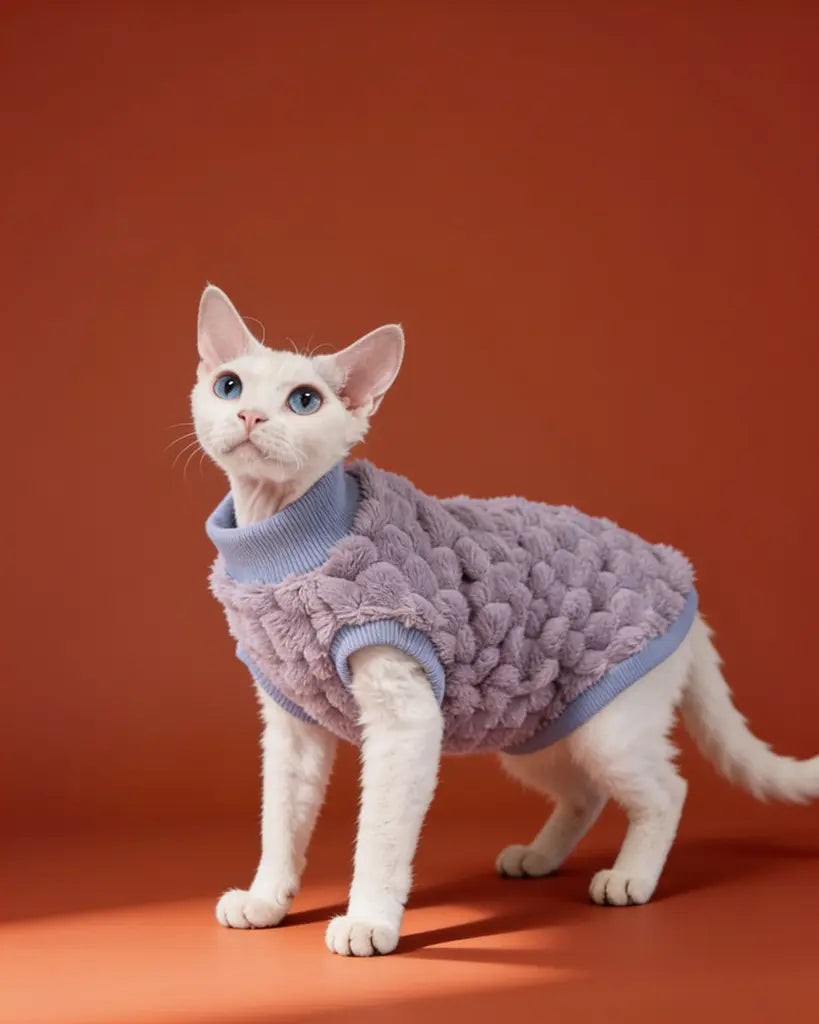 A white cat wearing a textured lavender pet sweater.