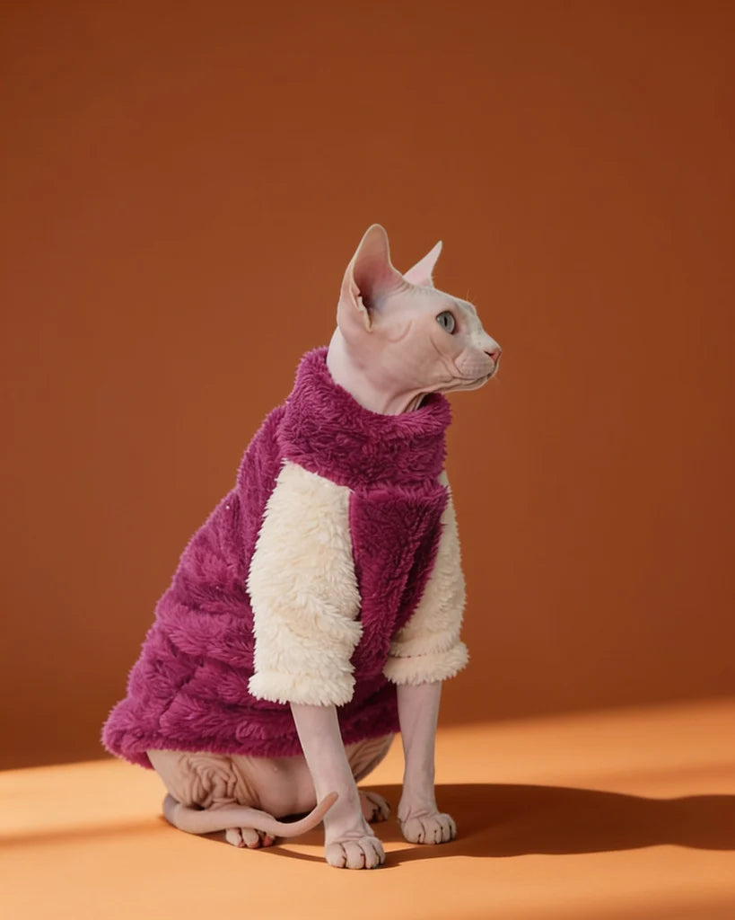 Sphynx cat wearing a magenta plush color block sweater for warmth