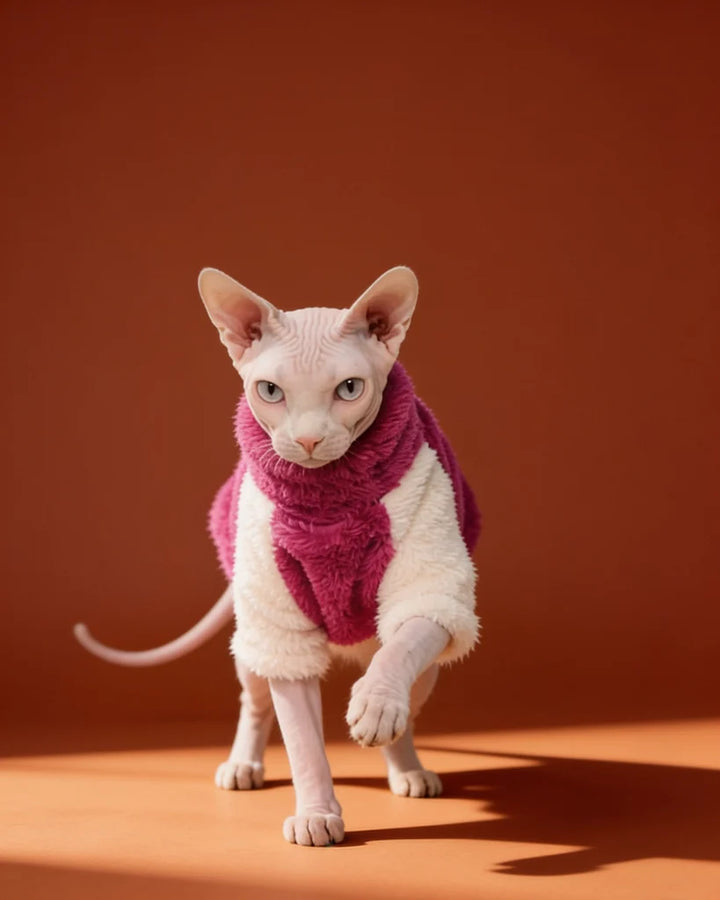 Sphynx cat wearing a magenta plush color block sweater for warmth