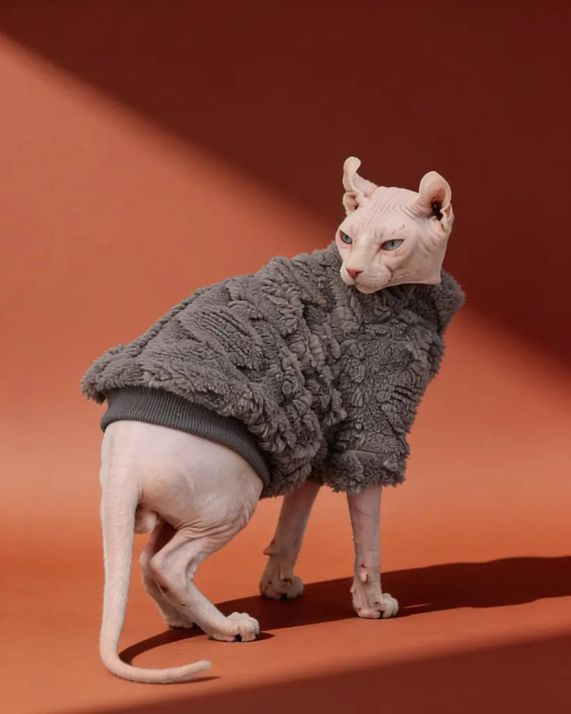 Grey fleece Sphynx cat sweater for hairless cats in winter
