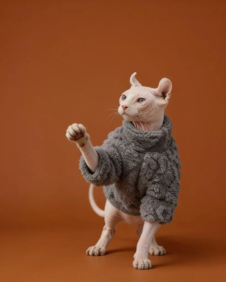 Grey fleece Sphynx cat sweater for hairless cats in winter