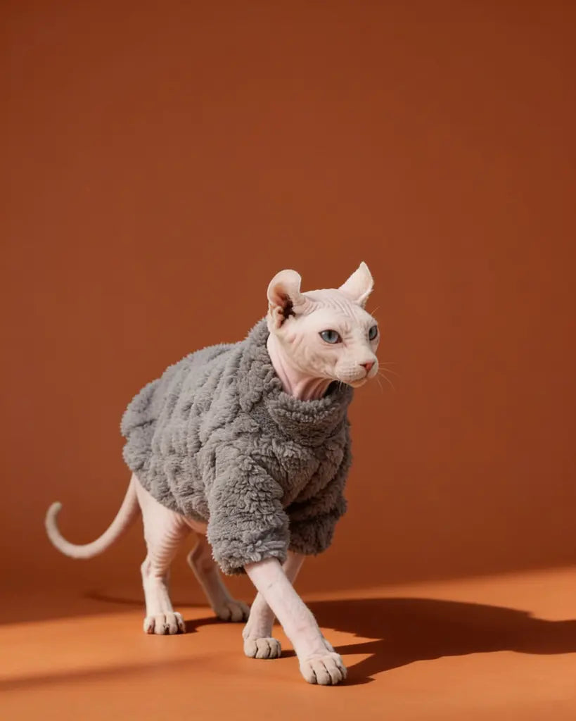 Grey fleece Sphynx cat sweater for hairless cats in winter