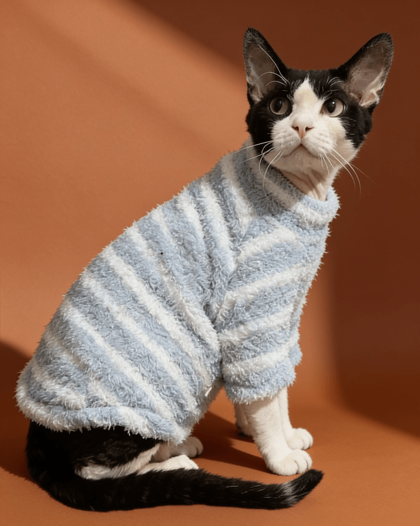 Sphynx cat wearing a soft cloud fleece turtleneck sweater with long sleeves for warm and comfortable winter everyday wear.