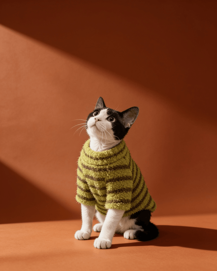 Sphynx cat wearing a soft cloud fleece turtleneck sweater with long sleeves for warm and comfortable winter everyday wear.