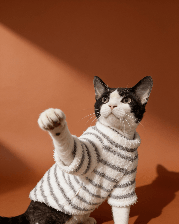 Sphynx cat wearing a soft cloud fleece turtleneck sweater with long sleeves for warm and comfortable winter everyday wear.