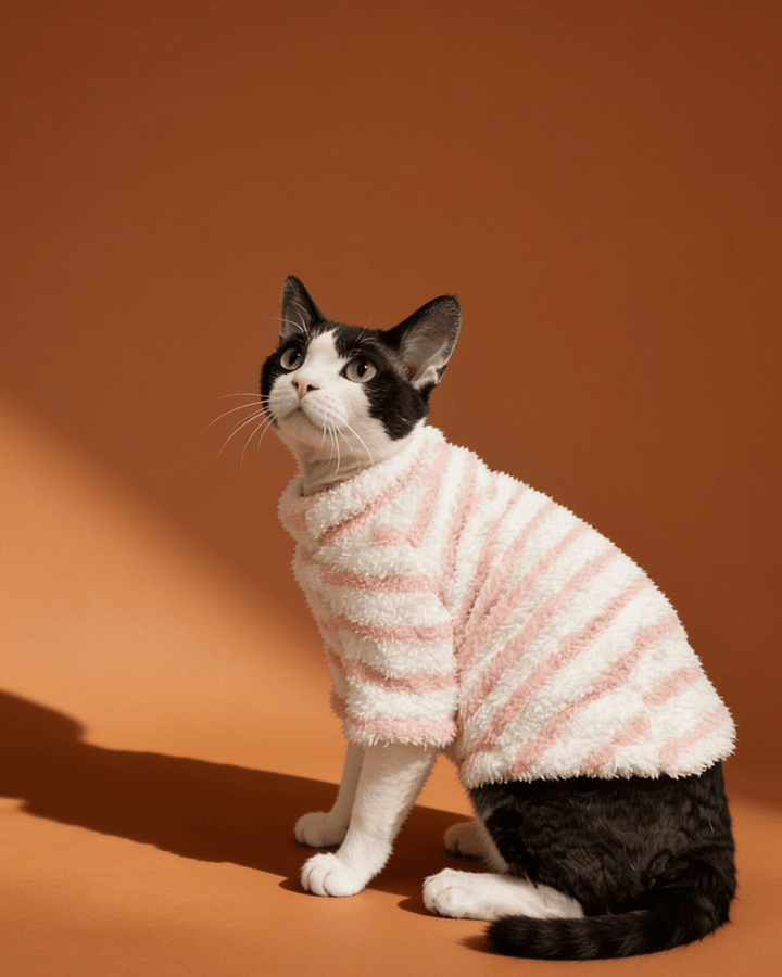 Sphynx cat wearing a soft cloud fleece turtleneck sweater with long sleeves for warm and comfortable winter everyday wear.