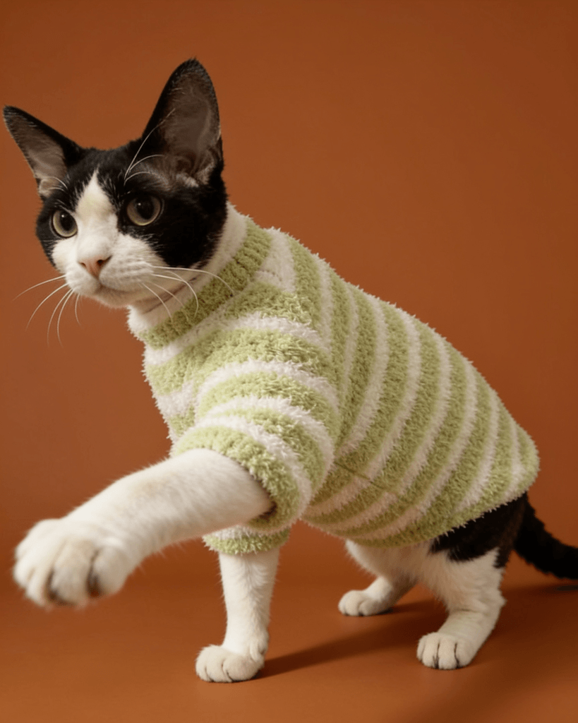 Sphynx cat wearing a soft cloud fleece turtleneck sweater with long sleeves for warm and comfortable winter everyday wear.
