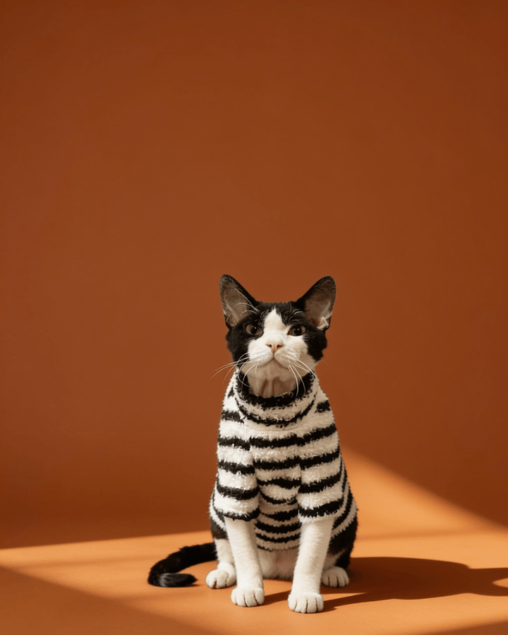 Sphynx cat wearing a soft cloud fleece turtleneck sweater with long sleeves for warm and comfortable winter everyday wear.
