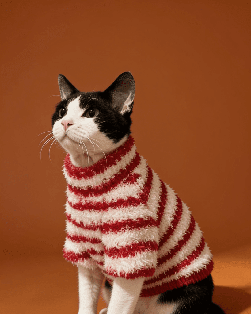 Sphynx cat wearing a soft cloud fleece turtleneck sweater with long sleeves for warm and comfortable winter everyday wear.