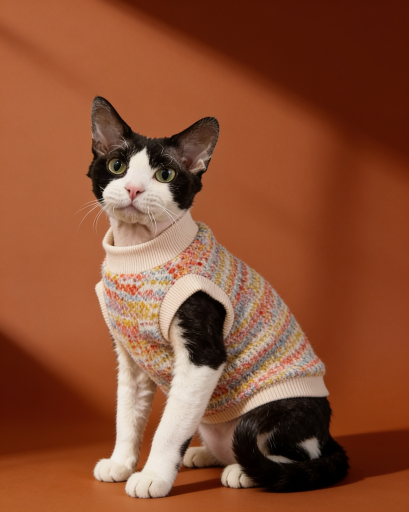 A black and white cat wearing a colorful knit pet sweater.