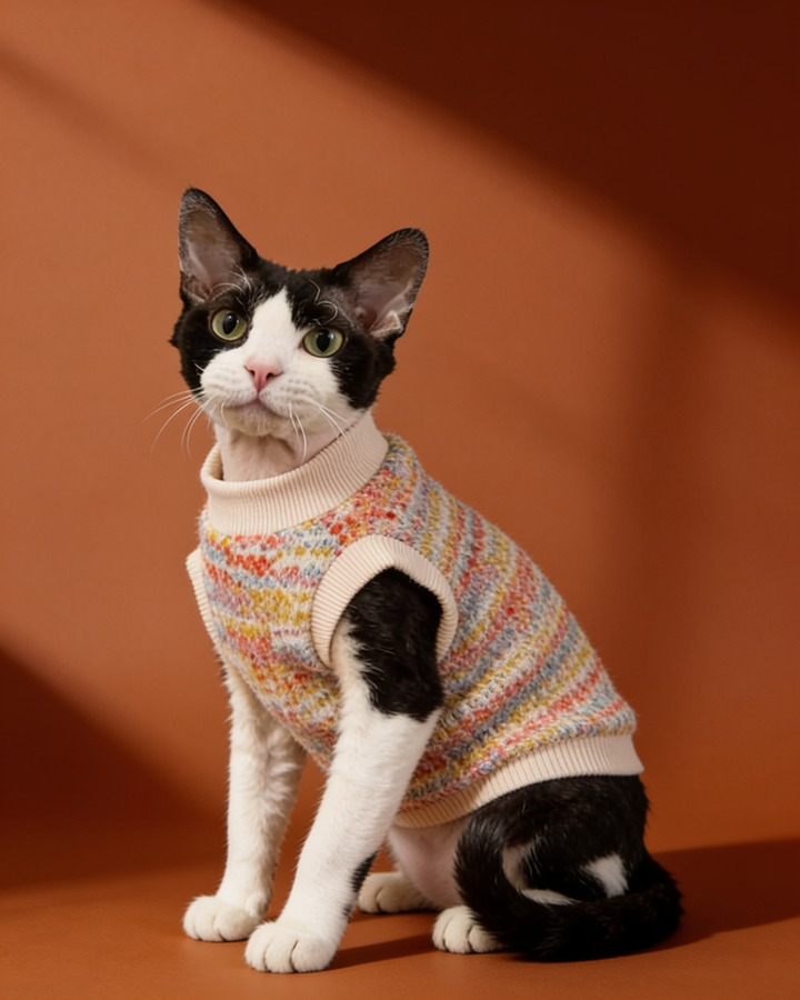 A black and white cat wearing a colorful knit pet sweater.