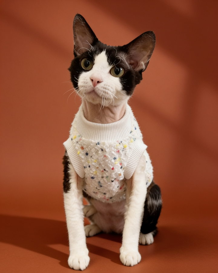 Sphynx cat wearing chic knit winter sweaters in multicolor styles