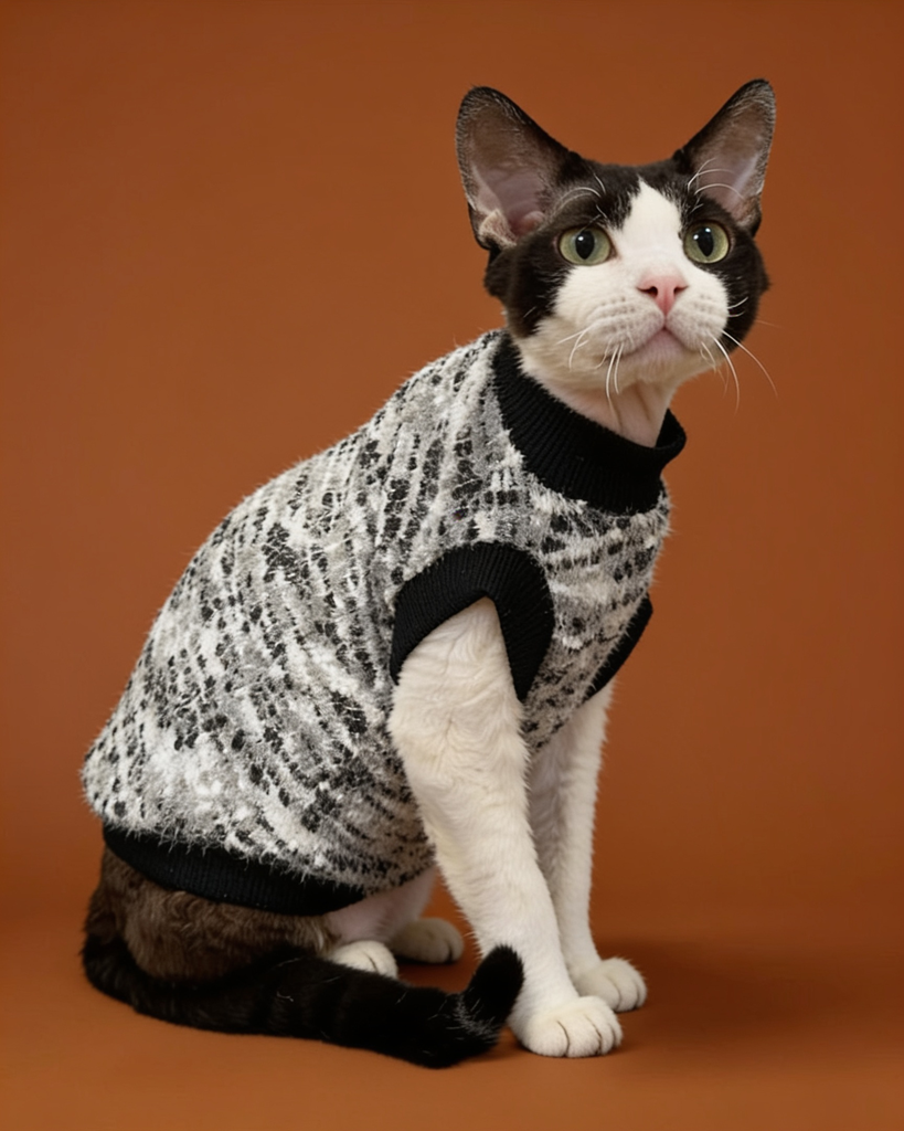 A black and white cat wearing a black and white knit pet sweater.