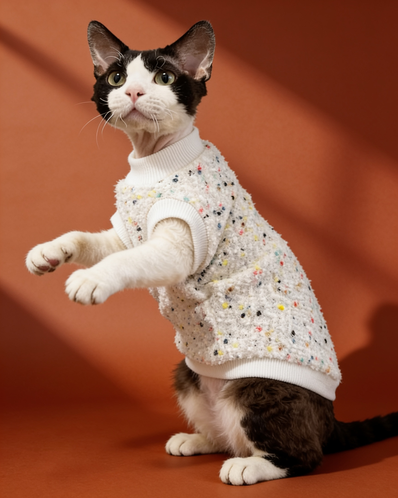 Sphynx cat wearing chic knit winter sweaters in multicolor styles