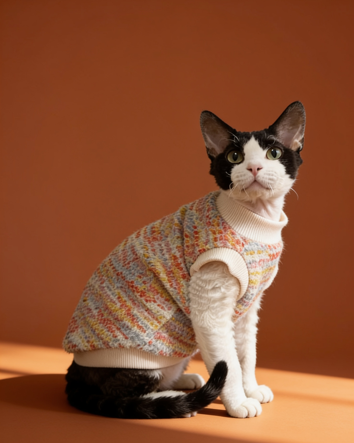 A black and white cat wearing a multicolor knit sweater with cream ribbed trim.