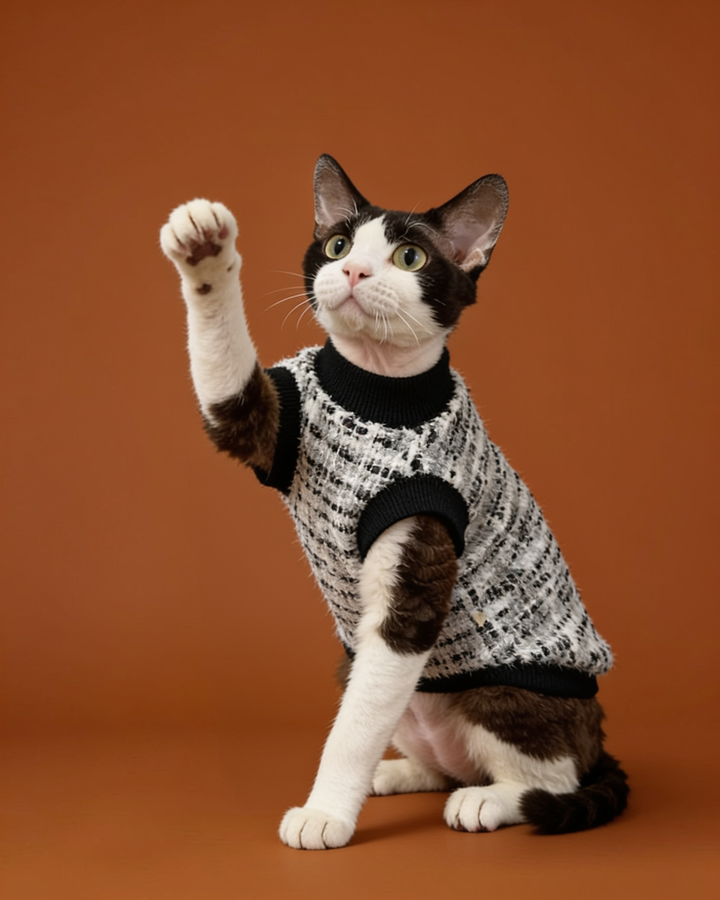 A black and white cat wearing a black and white knit pet sweater.