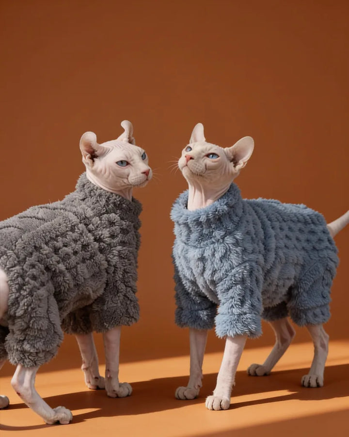 Two hairless cats wearing textured pet sweaters, one in gray and one in dusty blue.