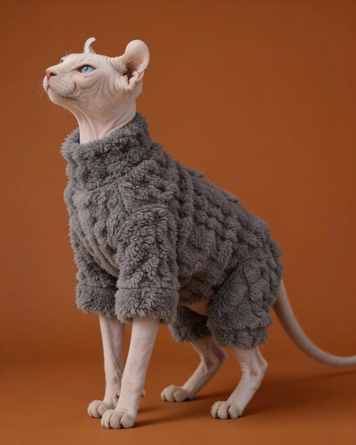 Sphynx cats wearing soft plush winter onesie for cozy daily warmth