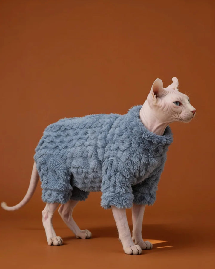 A hairless cat wearing a fuzzy textured light blue pet onesie.