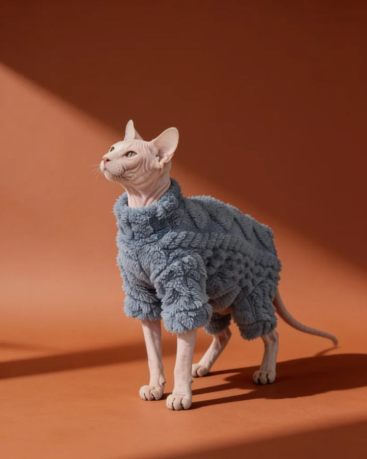 A hairless cat wearing a textured, fuzzy light blue onesie.