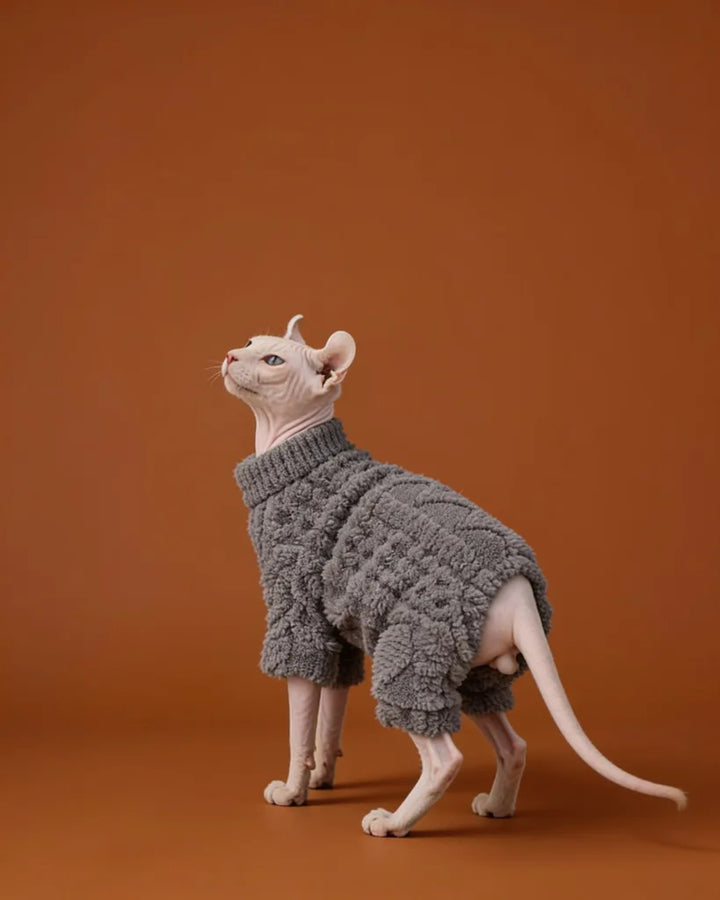 Sphynx cats wearing soft plush winter onesie for cozy daily warmth