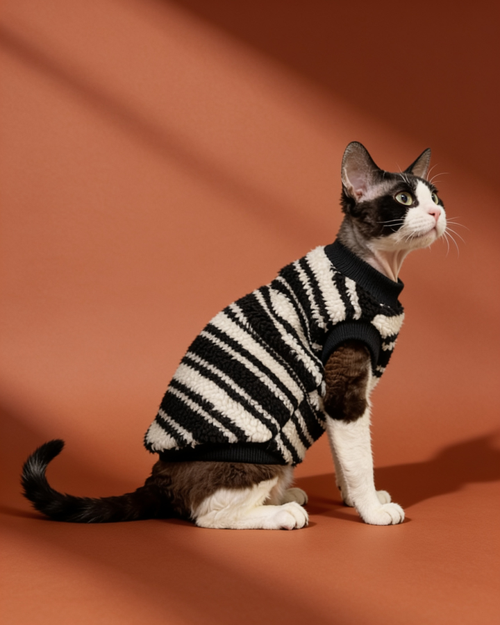 Sphynx cat wearing a striped sherpa fleece winter sweater