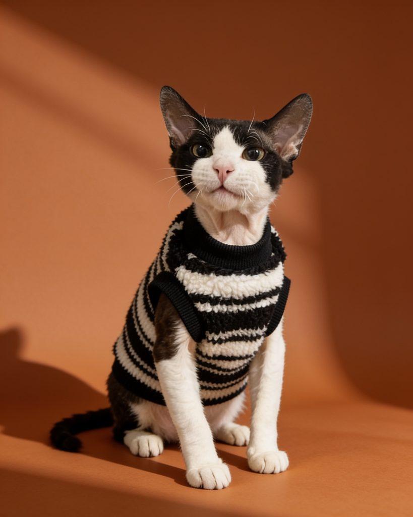 Sphynx cat wearing a striped sherpa fleece winter sweater