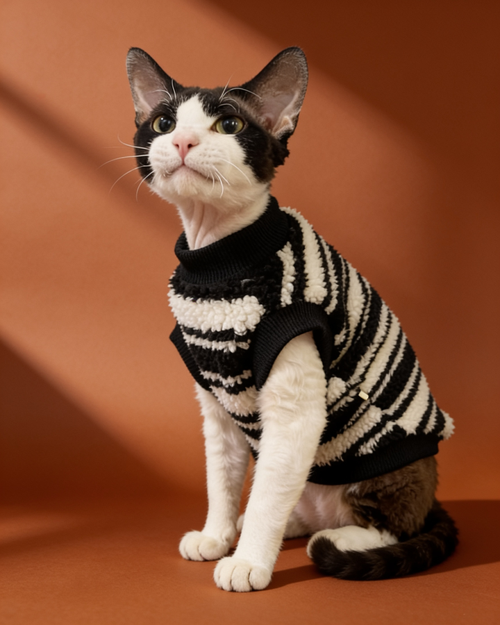 Sphynx cat wearing a striped sherpa fleece winter sweater