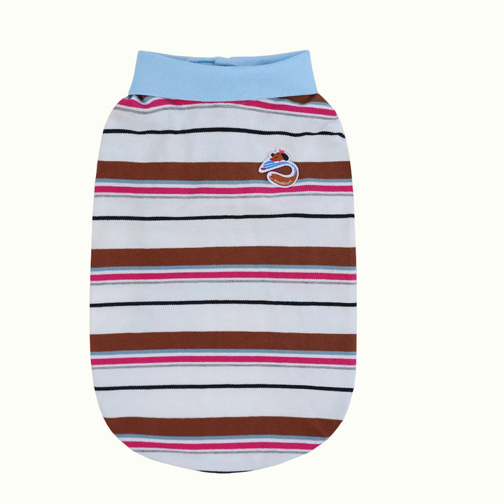 Striped pet shirt with a logo on a white background