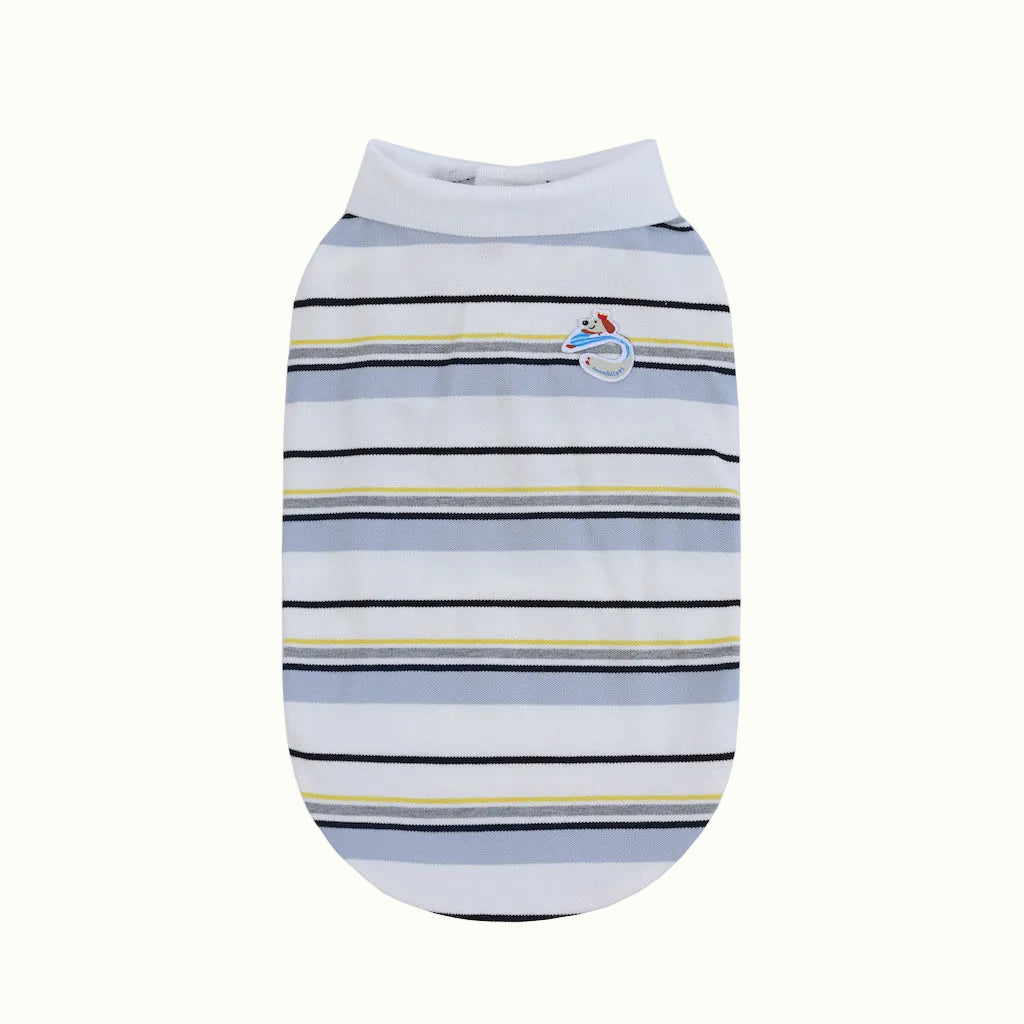 Striped pet tee with a logo on a white background