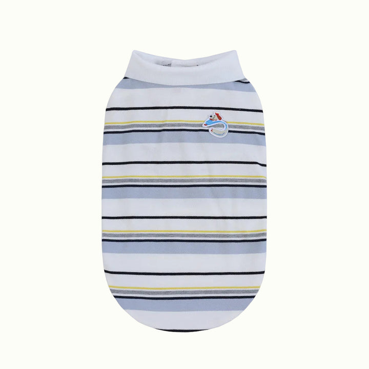 Striped pet tee with a logo on a white background