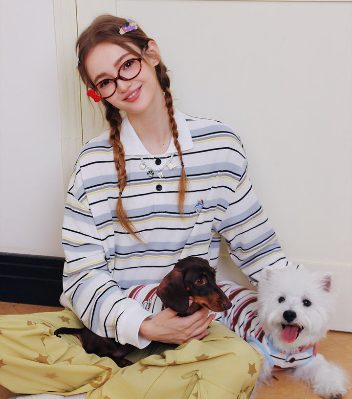 Retro Striped Long Sleeve Pet Human Matching Polo Shirt