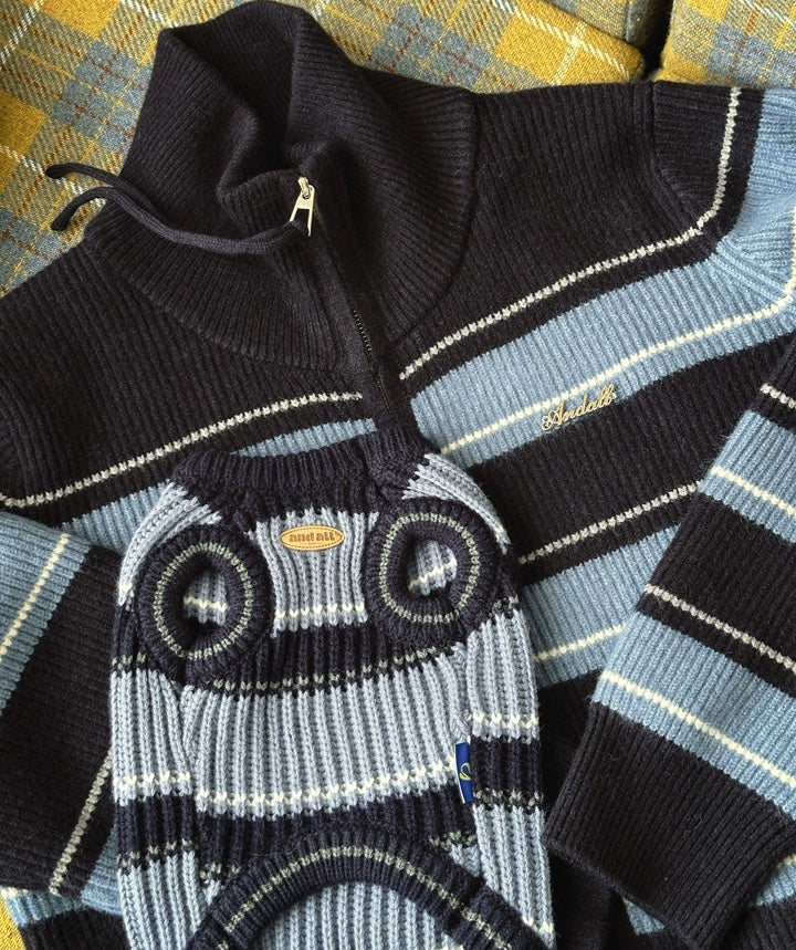 Rugby Stripe Knit Pet Human Matching Sweater with Zipper