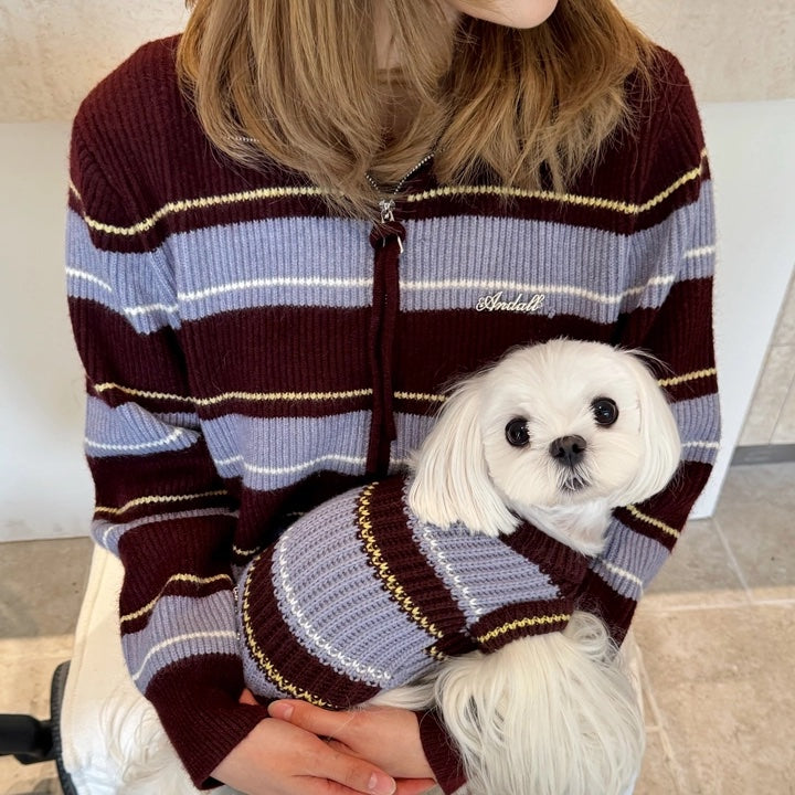 Rugby Stripe Knit Pet Human Matching Sweater with Zipper