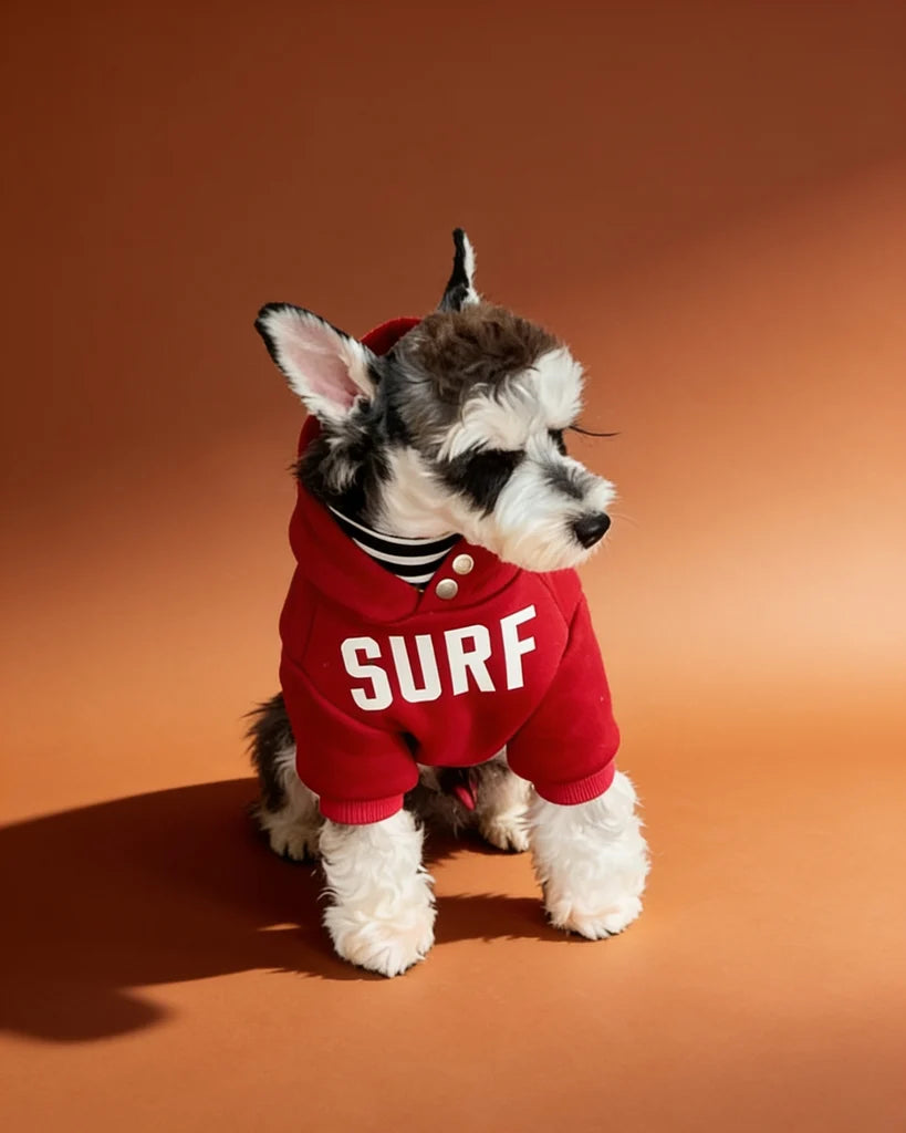 A small gray and white dog wearing a red dog hoodie with &