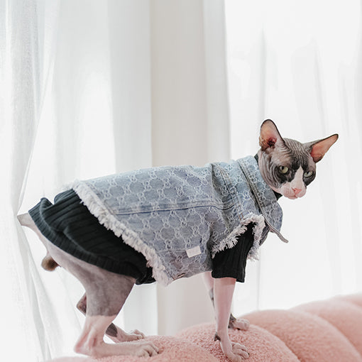 Vintage Denim Vest Sphynx Cat Denim Jacket